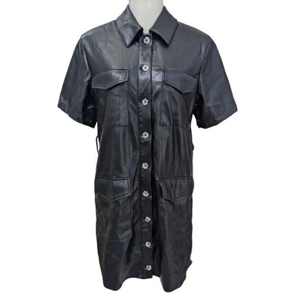 House of Harlow 1960 Dresses & Skirts - House of Harlow 1960 Faux Leather Button Short Sleeve Shirt Mini Dress in Black